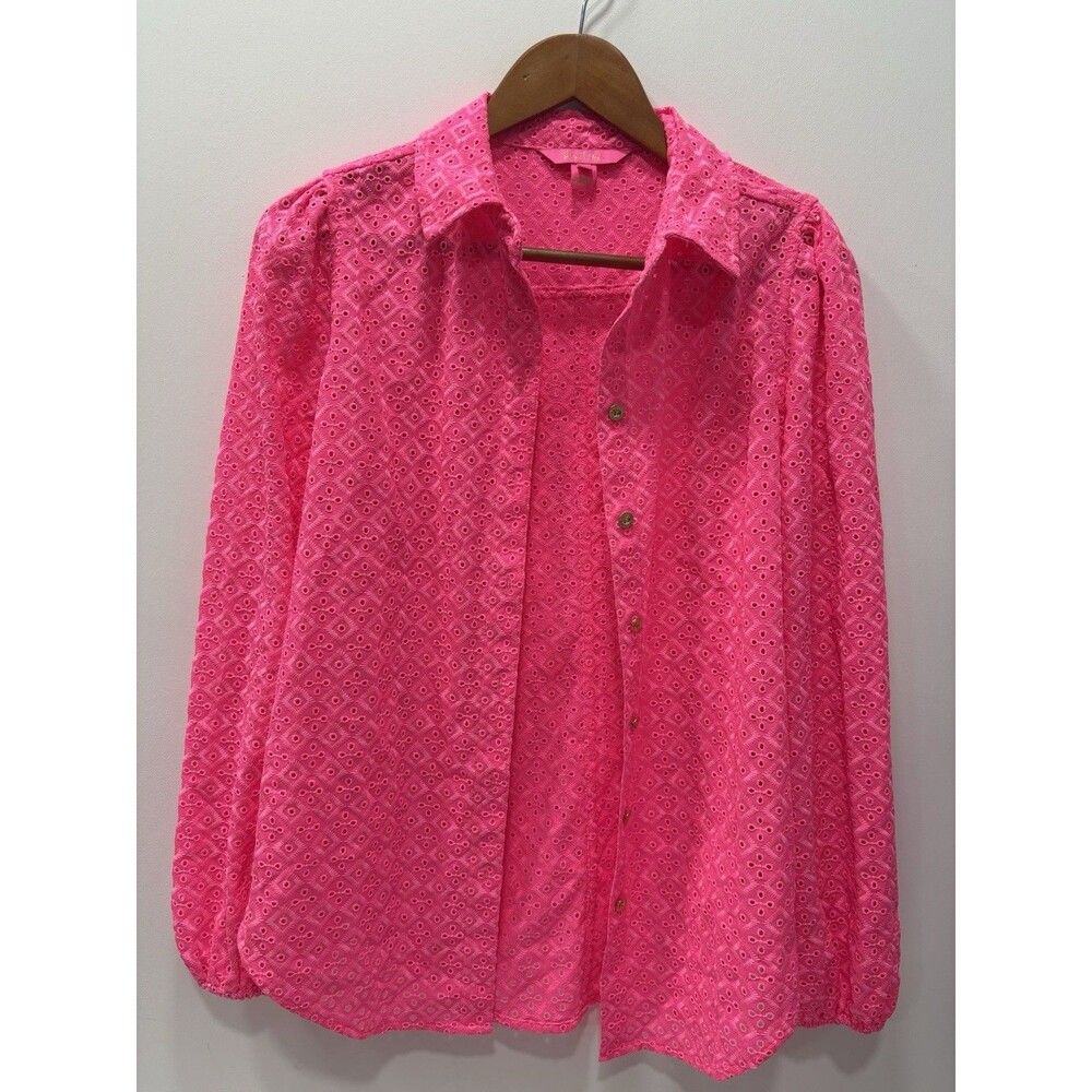 LILLY PULITZER Sea Breeze Eyelet Button Down Top Pink Isle - Size Small